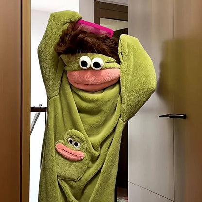 Full-body view of the Cozy Crittr Onesie showing the oversized relaxed fit and cuffed sleeves